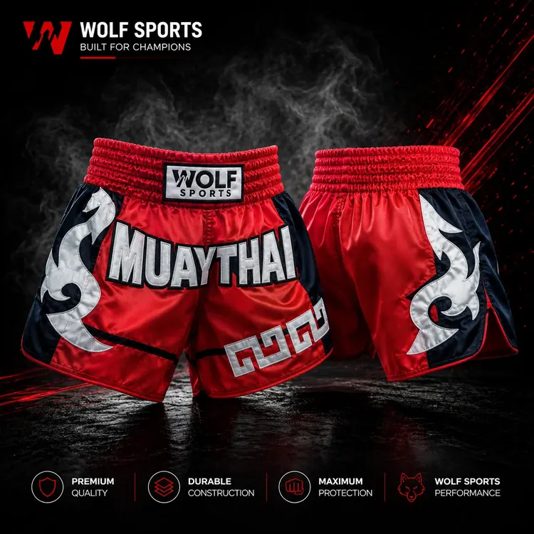 Red and Navy Muay Thai Shorts WF-B-211 - Wolf Sports