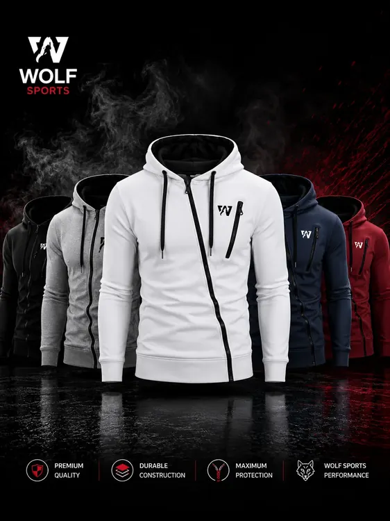 White Diagonal Zip Hoodie WF-103 - Wolf Sports